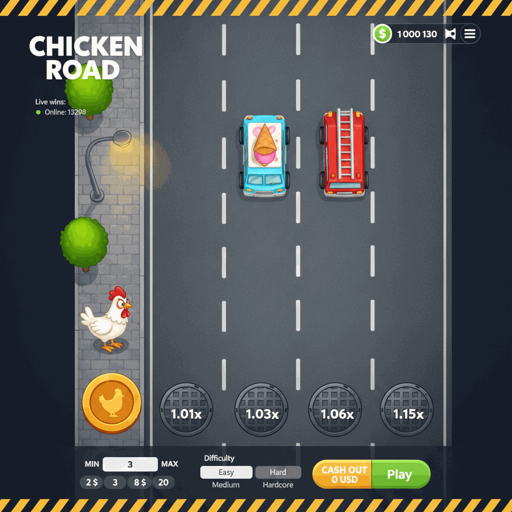 Chicken Road crash game main screen showing a cartoon chicken character at the starting position on a grey sidewalk next to a multi-lane road with white dashed lane dividers, manhole cover multiplier markers visible on each lane, cars approaching on the road lanes, green trees and a street lamp in the urban background scenery, top-down perspective view with dark interface displaying balance and live wins ticker