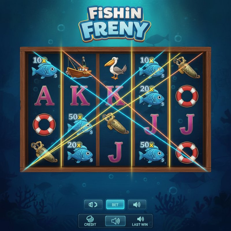 Fishin Frenzy gameplay showing coloured paylines crossing the 5x3 reel grid with active win lines highlighted