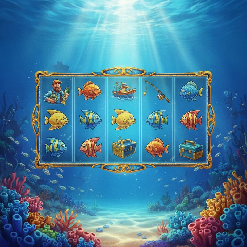 Fishin Frenzy slot main game screen showing the 5x3 reel grid set against an underwater ocean backdrop with sunlight filtering through bright blue water