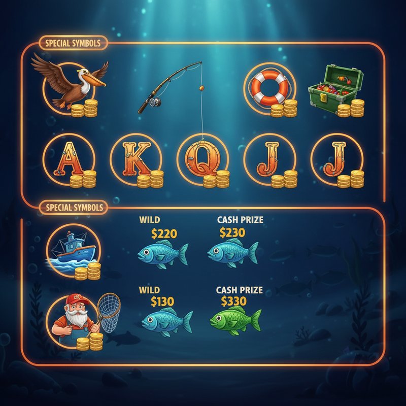 Fishin Frenzy paytable showing pelican, fishing rod, life preserver, tackle box and card symbol payouts